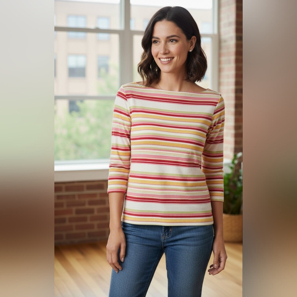 Talbots Pink, Green, White, Red & Yellow Striped Boat Neck Tee